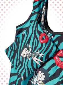 Betty Boop | ROMWE Large Capacity Foldable Tote Bag With Coin Pouch, Portable Shopping Bag, Gym Bag - blue-green - View 9