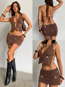 Aloruh Women's Sexy Glamorous Sequin Fabric Shiny Party Outfit, Halter Backless Top And Low Waist Mini Skirt 2-Piece Set Sequin Top Sequin Skirt Women Glitter Top Two Piece Set Women 2 Piece Sets For Women Women's Two Piece Sets Women's Crop Top Going Out Tops For Women - Apricot - View 10