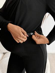 SHEIN 孕妇纯色长袖上衣、长裤和短裤哺乳套装，女士两件套，舒适两件套，女士裤装短裤套装，女士两件套服装 - 黑色 - 查看 3