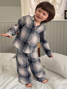 DAZY 2pcs Toddler Boys' Plaid Collar Long Sleeve Shirt And Pants Loungewear Set - Blue - View 6