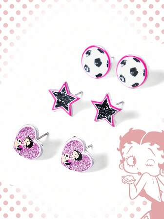 Betty Boop | ROMWE Orecchini sportivi carini e luccicanti con figure di cartoni animati, stelle e grafiche di calcio
