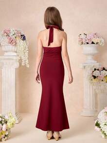 Pitira Vestido de sirena ajustado con cuello drapeado burdeos para niñas preadolescentes, adecuado para fiestas, ocasiones formales, fiestas, cumpleaños, uso diario de niñas, festivales, reuniones familiares y ocasiones especiales, conjuntos de hermanas, lindo, elegante, moda retro dulce, adecuado para la temporada de regreso a la escuela, fiestas elegantes, citas, viajes, adecuado para bodas, fiestas de cumpleaños, bailes, vestidos de dama de honor, galas de noche formal, bodas, graduaciones, niñas de las flores - Burdeos - Ver 2