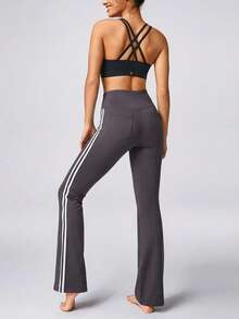Pantalones de yoga acampanados de cintura alta y doble raya | Pantalones deportivos superelásticos que realzan la cadera y estilizan la figura. Perfectos para yoga, fitness, correr, entrenar, uso diario y compras informales. - Gris - Ver 3