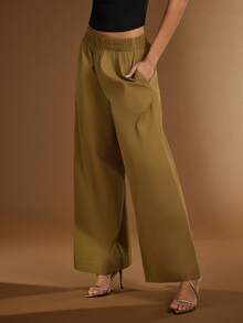 Hauture Pantaloni damă cu talie elastică, model minimalist simplu și croială lată, super drăguță - Kaki - Vizualizare 3