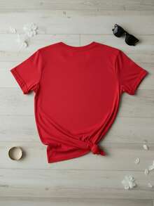 Playera para mujer estilo casual dulce estampado de corazones tela suave ajuste holgado cuello redondo manga corta primavera verano uso diario,print corazones, romantico, San valentín - Rojo - Ver 2