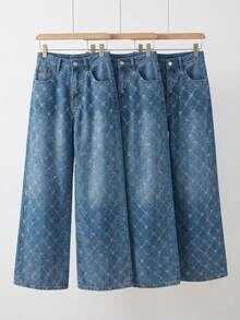 Pantalón de Mezclilla Wide Leg con Pedrería Brillante Estilo Diamante para Mujer 3Pz - Azul - Ver 1