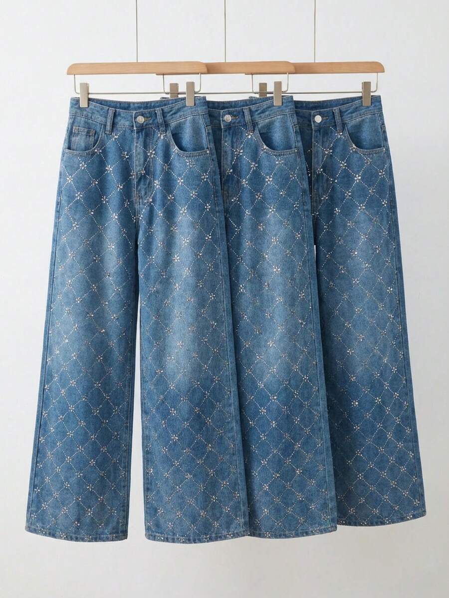 Pantalón de Mezclilla Wide Leg con Pedrería Brillante Estilo Diamante para Mujer 3Pz - Azul - Ver 1