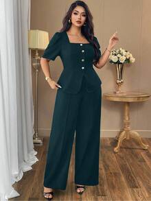 Auvina Plus Size Women's Casual Elegant Square Collar Pure Black Chic Commuting Shirt Jacket + Waist Cinched Design Loose Long Straight Leg Pants Fashion Casual Suit, High-End Wide Leg Pants - Green - View 3