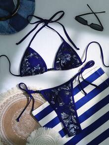 Swim SXY 两件套亮片刺绣性感蕾丝挂脖系带比基尼套装，含丁字裤，饰有渐变珠饰，大胆时尚的沙滩派对泳装，适合女性穿着。 - 藏蓝色 - 查看 7