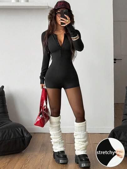 Coolane 女士秋冬街头服饰 Y2K 简约基本款日常休闲返校款弹力黑色紧身长袖连体衣