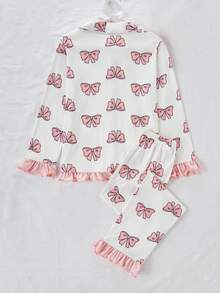 Girls' Fashionable Cute Bow Print Long Sleeve Ruffle Hem Cardigan And Pants Pajama Set