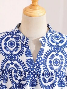 SHEIN 1pc Older Tween Girl' Summer Blue & White Geometric Print Stand Collar Mid-Length Flare Sleeve Ruffle Hem Casual Dress - Multicolor - View 4