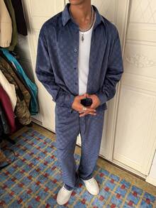 Manfinity Roghcode 男士格子复古休闲长袖衬衫长裤套装，秋冬男士两件套蓝色男士套装，男士两件套休闲西装Y2K运动服男士服装套装蓝色 - 寶藍色 - 查看 4
