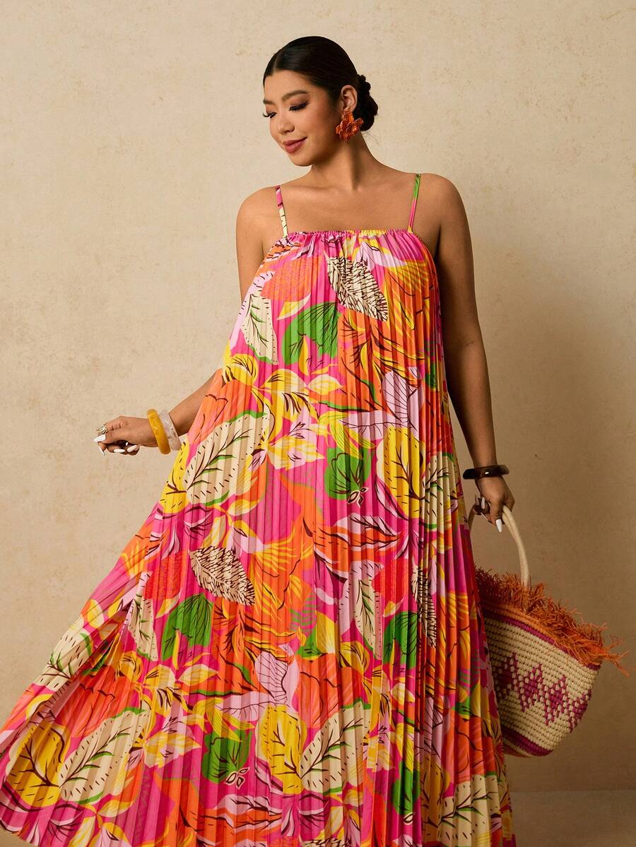 Travachic Damen Große Größen Kleid mit Blume Muster, ärmellos, locker geschnitten mit Falten, Frühlingsurlaubs-Kleid für die Insel - Verschiedenfarbig - Übersicht 1