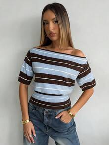 Aloruh Damski sweter wiosenny w kontrastowym kolorze, w paski w kolorze brązowym i niebieskim, z krótkim rękawem, luźną górą i dopasowanym dołem - Wielokolorowe - Zobacz 6