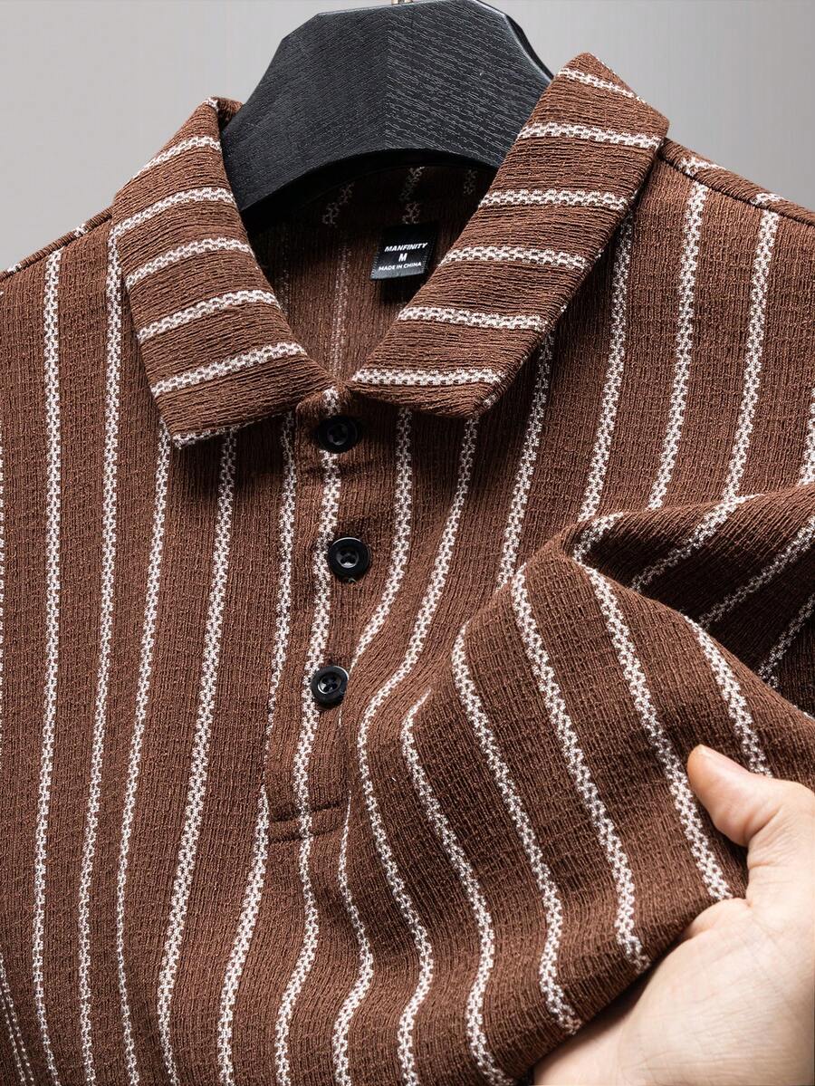 Manfinity Homme 男士条纹印花纽扣休闲短袖Polo衫 - 棕色 - 查看 1