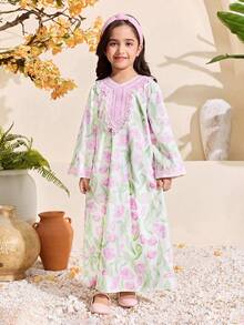 Đầm dài tay cổ chữ V dáng rộng in hoa dành cho bé gái - Nhiều màu - Xem 8