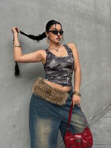 POPSWAY Rivet Camouflage Tank Top, Versatile Slim-Fit Casual All-Match Layering, Autumn/Winter - Green - View 6
