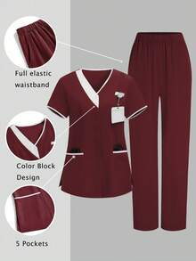TaskEZ 2pcs White & Red Splice Casual V-Neck Short Sleeve Top And Pants Uniform Set, Cleaning Service Uniform Set - Burgundy - View 1