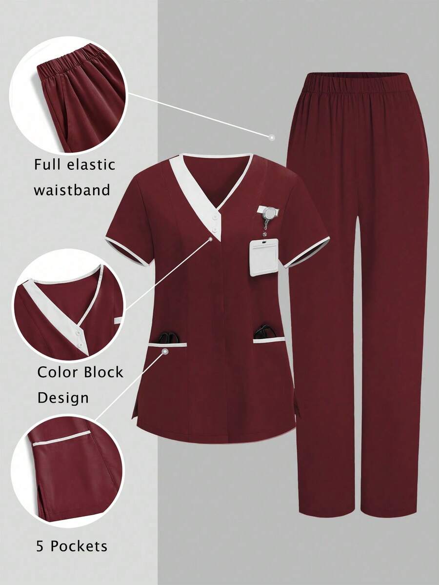 TaskEZ 2pcs White & Red Splice Casual V-Neck Short Sleeve Top And Pants Uniform Set, Cleaning Service Uniform Set - Burgundy - View 1