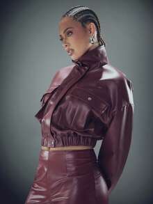 Denimoi High Neck Front Zip Cinched Waist Faux Leather Jacket With Cargo Pockets Fashionable Jackets