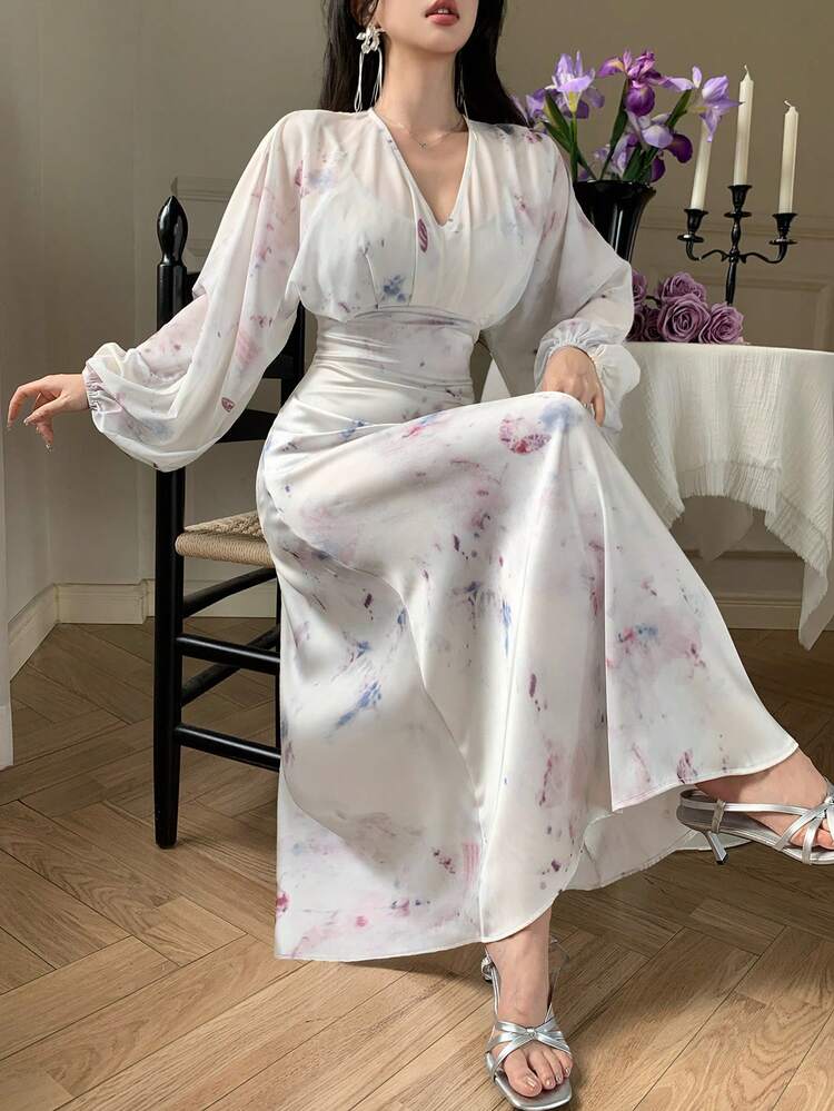 Women's V-Neck Tie-Dye Elegant Waist Cinched Lantern Sleeve Dress, Suitable For Vacation And Party Maxi Dress