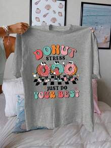 INAWLY Camiseta gráfica de manga corta, cuello redondo, con estampado de rosquilla, de corte holgado y casual para mujer - Gris - Ver 1