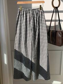 SHEIN EZwear Women's Loose Wide Leg Plaid Pants With Front Tie, Casual Daily Wear - Black - View 2