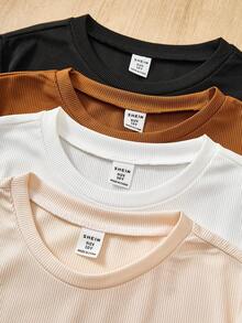 SHEIN 4pcs/Set Tween Girls' Solid Color Round Neck Short Sleeve Ruffle Hem Casual T-Shirts Girls Basic Tops Basic Casual T Shirt For Teen Girls - Multicolor - View 6