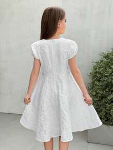 Firerie Kids 少女象牙色泡泡袖收腰休闲日常假日派对可爱甜美优雅连衣裙 - 白色 - 查看 2