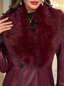 Amorya New Year Clothes,Women's Elegant High-End Cinched Waist Detachable Faux Fur Collar PU Jacket, Autumn/Winter Women's Winter Clothes  New Year Clothes  Christmas Women's Clothing Christmas - Burgundy - View 6