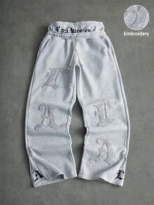 PAVTROS Men's Street-Style LA Embroidered Waistband Sweatpants, Suitable For Outdoor Music Festivals, Casual Outings, Gifts For Boyfriend/Husband, Anniversary, Light Grey Grey Sweatpants Mens Graphic Sweatpants Elastic Waist Sweatpants Mens Sweatpants Letter Print Sweatpants