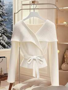 Franclia 女士交叉领弹力腰针织T恤，简约时尚针织上衣，适合通勤、日常穿着，尽显优雅气质。适合冬季、圣诞节、新年、白色新年、派对、海滩、优雅休闲、浪漫、情人节、约会、毕业季等场合。 - 米色 - 查看 3