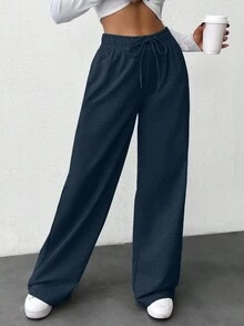 SHEIN Women Solid Color High Waist Straight Pants - Navy Blue - View 3