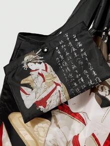 ROMWE Avant 1 chiếc túi mua sắm gấp gọn, chống thấm nước, dung tích lớn, họa tiết hoa bướm, thích hợp cho cắm trại, du lịch, mua sắm, đi học và nhiều dịp khác. - Đen đỏ - Xem 4