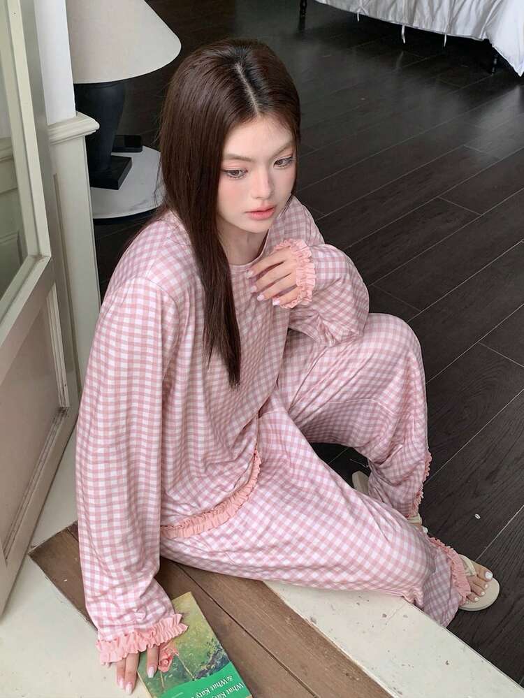 Dazy Plus 2pcs Plaid Pajama Set, Loose Pullover Top And Straight Leg Pants, Casual Sleepwear For Girls, Pink, Spring/Autumn