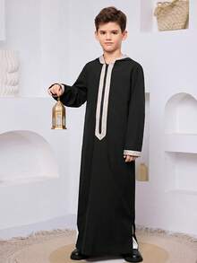 SHEIN Tween Boy Hooded Zip-Up Loose Casual Holiday Party Long Sleeve Robe Shirt - Black - View 2