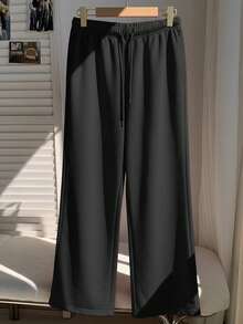 SHEIN EZwear 保暖内衬休闲抽绳腰部宽松运动裤，适合日常穿着和返校季节、秋冬季 - 黑色 - 查看 4