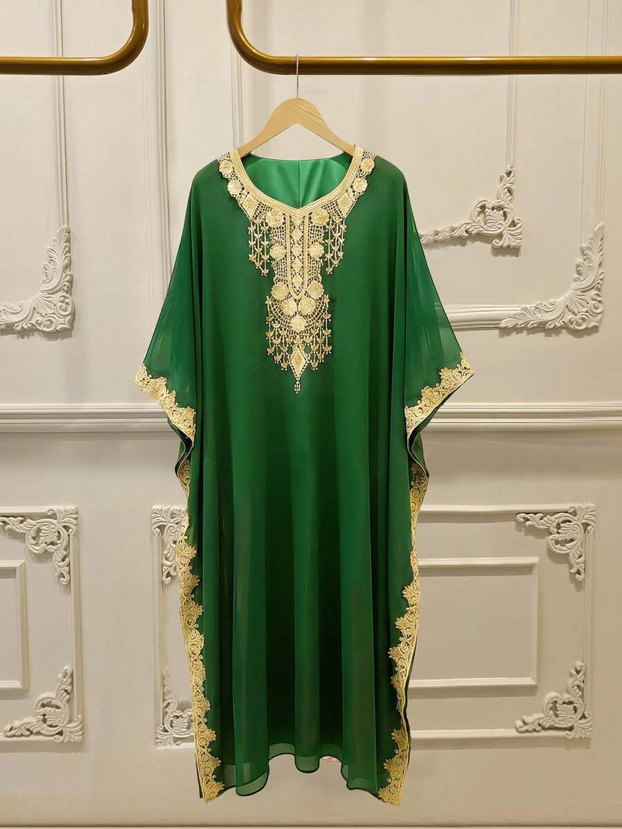 GlowEve 女士宽松V领蝙蝠袖印花连衣裙 - 綠色 - 查看 1