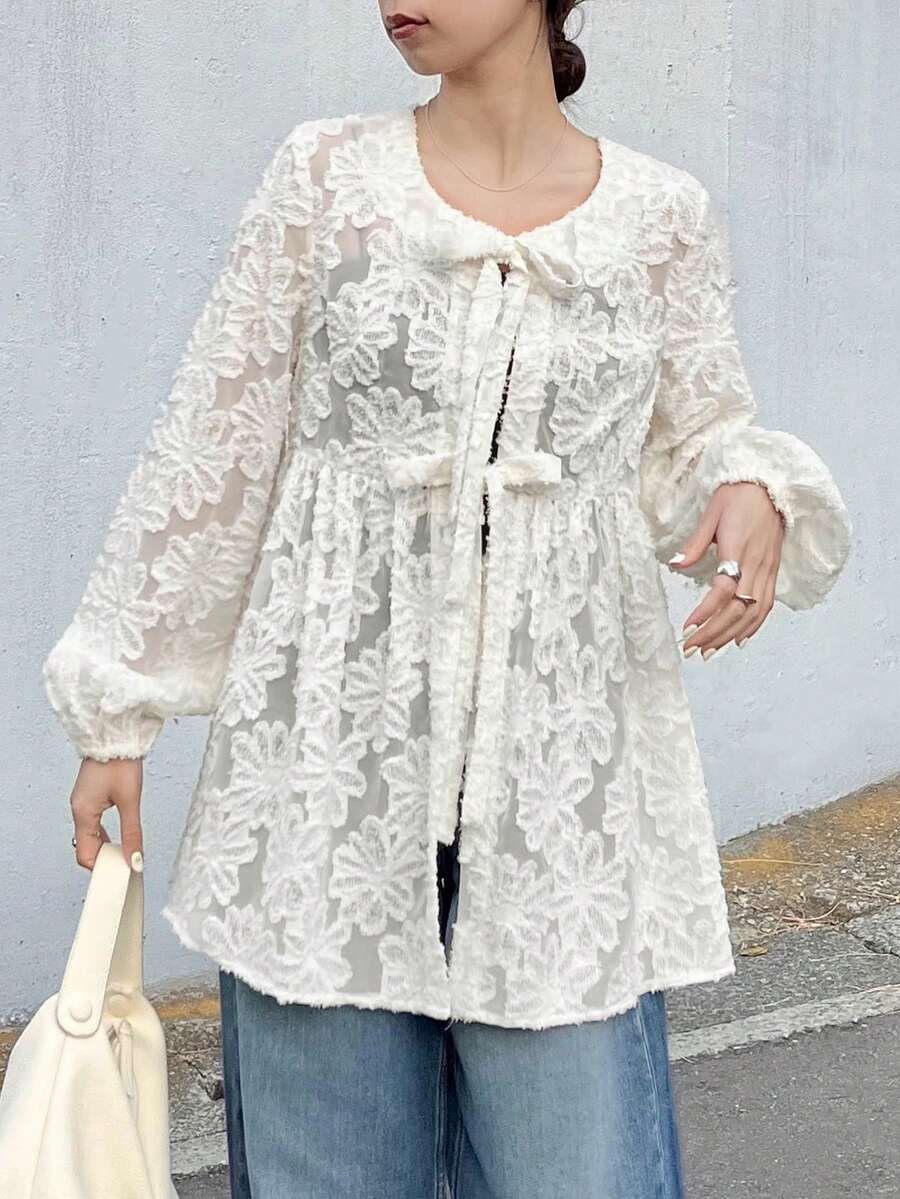 FRIFUL 女士纯色门襟系带抽绳袖口宽松休闲薄纱上衣，百搭春季款 - 米色 - 查看 1