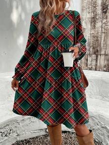 SHEIN CURVE+ 大码娃娃领碎花宽松休闲连衣裙，适合秋冬季穿着 - 杏色 - 查看 4