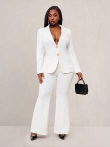 Radiana Elegant Plus Size White Knitted Suit Set Regular Long Sleeve Button Front Top And Pants For Casual Or Business - White - View 4