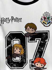 HARRY POTTER X SHEIN Tween Girl Casual Fashion Street Sporty Cartoon Character & Number Letter Graphic Contrast Striped Side Short Sleeve T-Shirt, Summer - White - View 3
