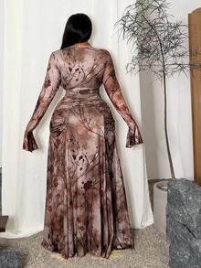 Maweii Vestido largo y sexy de manga larga con puños acampanados, cintura ceñida y drapeado - Marrón - Ver 2