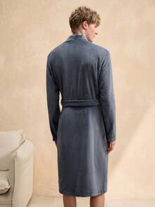 EverLounge Men's Bathrobe With Tie Design, Pockets, And Emblem Decor, Soft And Fluffy Fabric, Suitable For Comfortable Home Wear - Multicolor - View 2