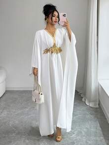 SHEIN Elenzya 金色滚边装饰优雅收腰修身中长连衣裙 - 白色 - 查看 4