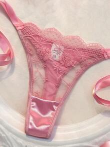 Crystal Vow 2pcs Women's Burgundy Romantic Embroidery Lace-Up Thong Lingerie Set - Pink - View 5