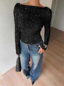 Siren Gaze Damen sexy, romantisch, elegant rückenfreies Pailletten glänzendes Langarm T-Shirt, geeignet für Pendeln, Partys, Jahrestreffen, Dates, Ausflüge, Kombinationen, schick, Neujahrsstimmung