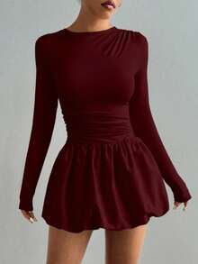 SHEIN PETITE Casual Crew Neck Fitted Top & Bubble Skirt Dress, Long Sleeve, Spring/Autumn - Burgundy - View 4