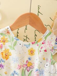 SHEIN Playful Pals Baby Mädchen Mode Blumen Muster Rückenausschnitt Schleife Design Kleid, geeignet für stilvolle Urlaubsoutfits - Verschiedenfarbig - Übersicht 5